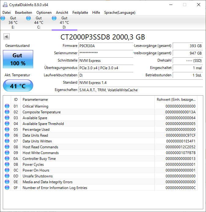 Crucial P3 2TB - CrystalDiskInfo