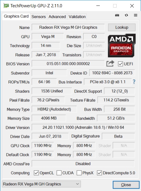 Intel NUC Kit NUC8i7HVK - GPU-Z Screenshot